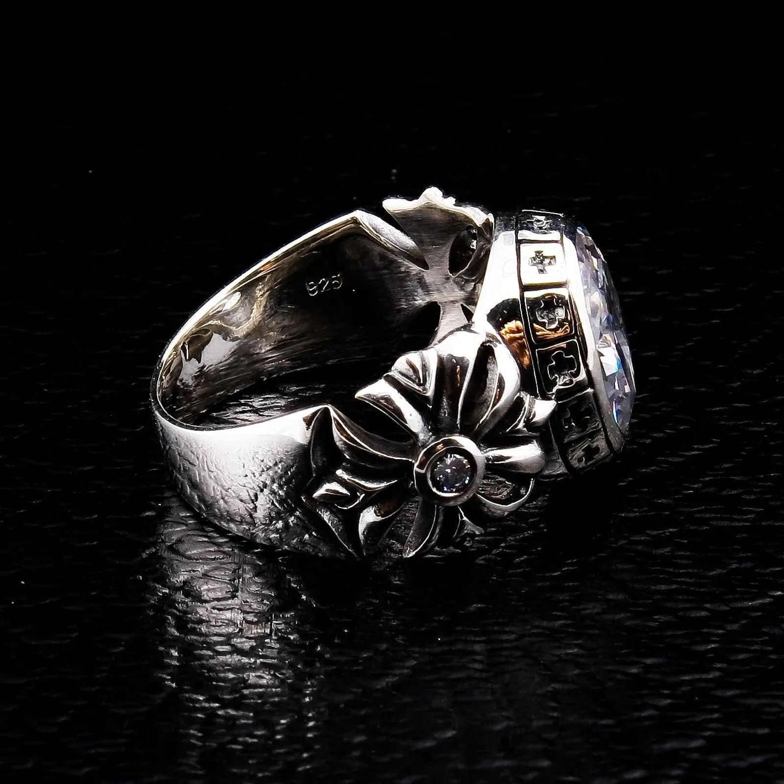 Round Diamond White Topaz Cross Sterling Silver Biker Ring