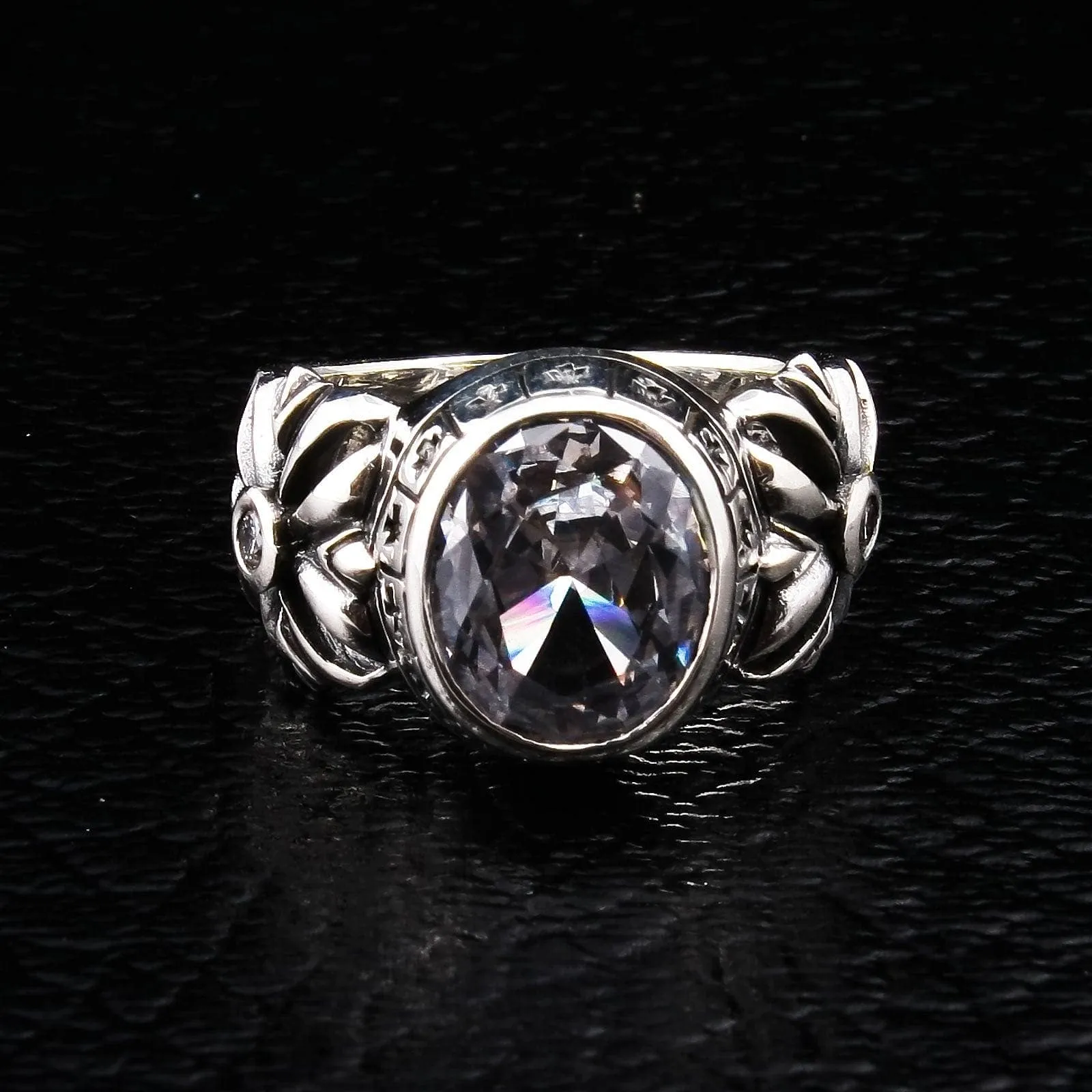 Round Diamond White Topaz Cross Sterling Silver Biker Ring