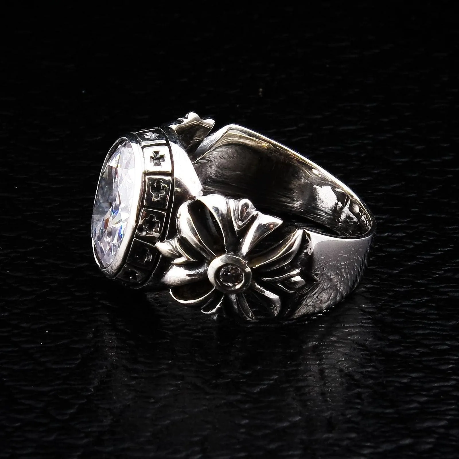 Round Diamond White Topaz Cross Sterling Silver Biker Ring