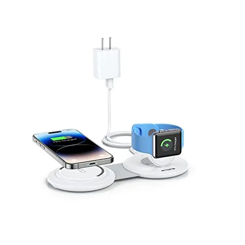 RTOPS Wireless Charger, 2 in 1 Magnetic Wireless Charging Station, Foldable Travel Charger Multiple Devices Compitable for iPhone 15/14/13/12/Pro/Max, iWatch, AirPods(Adapter Includes)