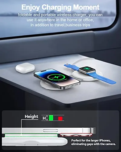 RTOPS Wireless Charger, 2 in 1 Magnetic Wireless Charging Station, Foldable Travel Charger Multiple Devices Compitable for iPhone 15/14/13/12/Pro/Max, iWatch, AirPods(Adapter Includes)