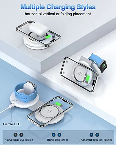 RTOPS Wireless Charger, 2 in 1 Magnetic Wireless Charging Station, Foldable Travel Charger Multiple Devices Compitable for iPhone 15/14/13/12/Pro/Max, iWatch, AirPods(Adapter Includes)