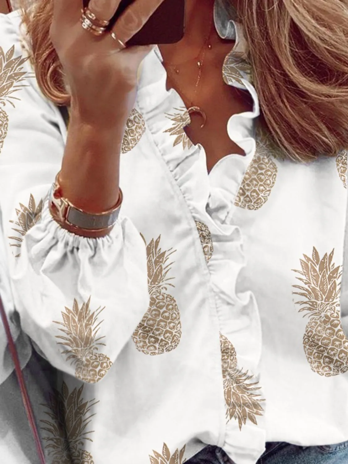 Ruffled Printed V-Neck Long Sleeve Blouse (3 Print Colors)