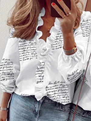Ruffled Printed V-Neck Long Sleeve Blouse (3 Print Colors)