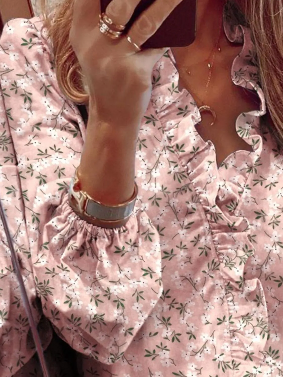 Ruffled Printed V-Neck Long Sleeve Blouse (3 Print Colors)