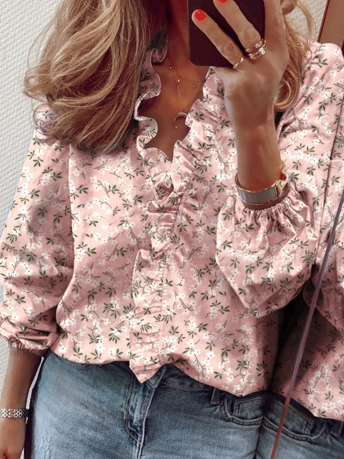 Ruffled Printed V-Neck Long Sleeve Blouse (3 Print Colors)