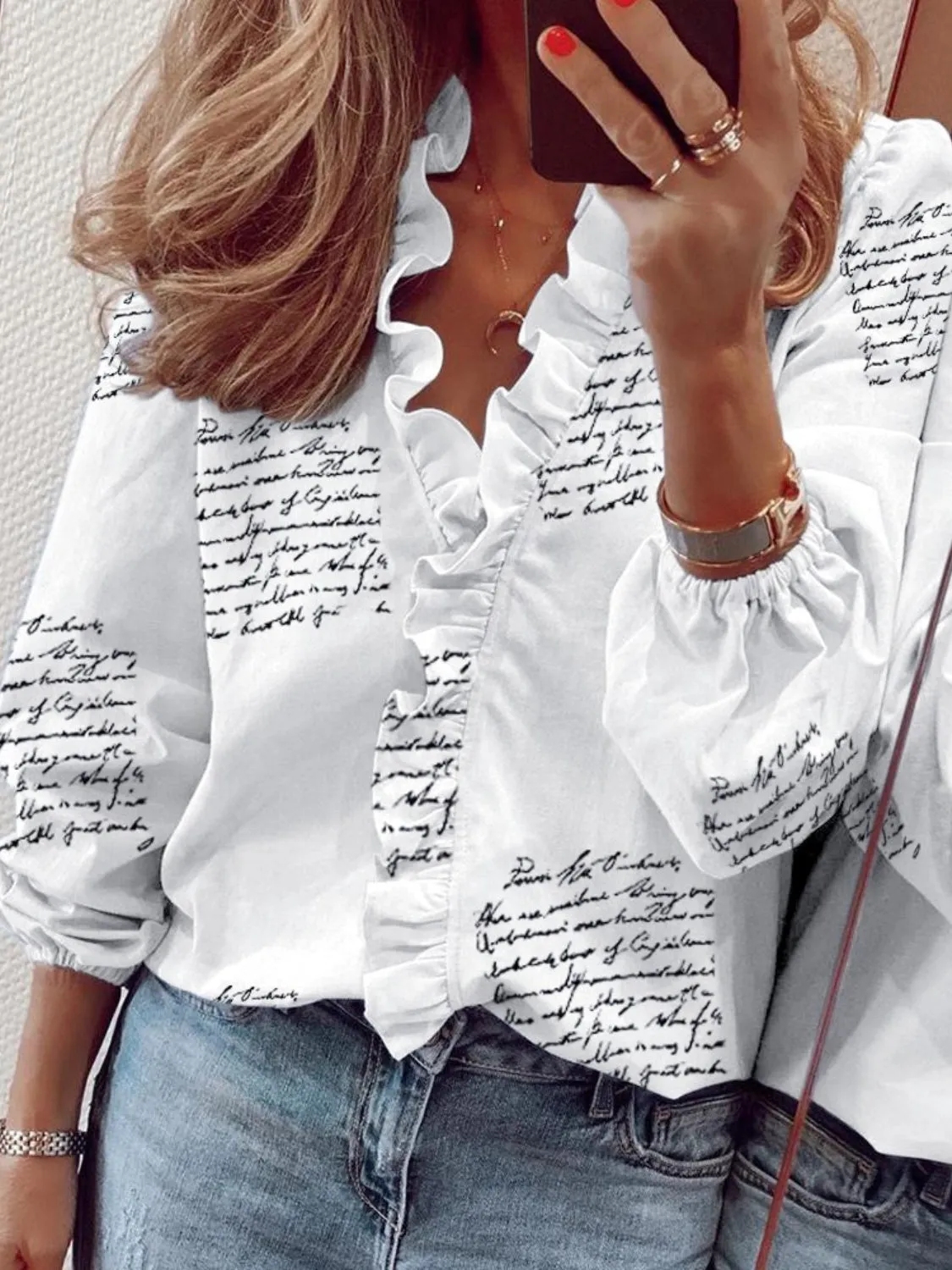 Ruffled Printed V-Neck Long Sleeve Blouse (3 Print Colors)