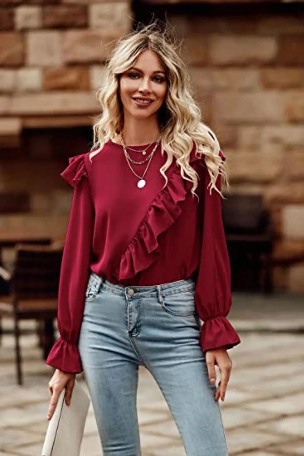 Ruffled Round Neck Long Sleeve Top (6 Colors)