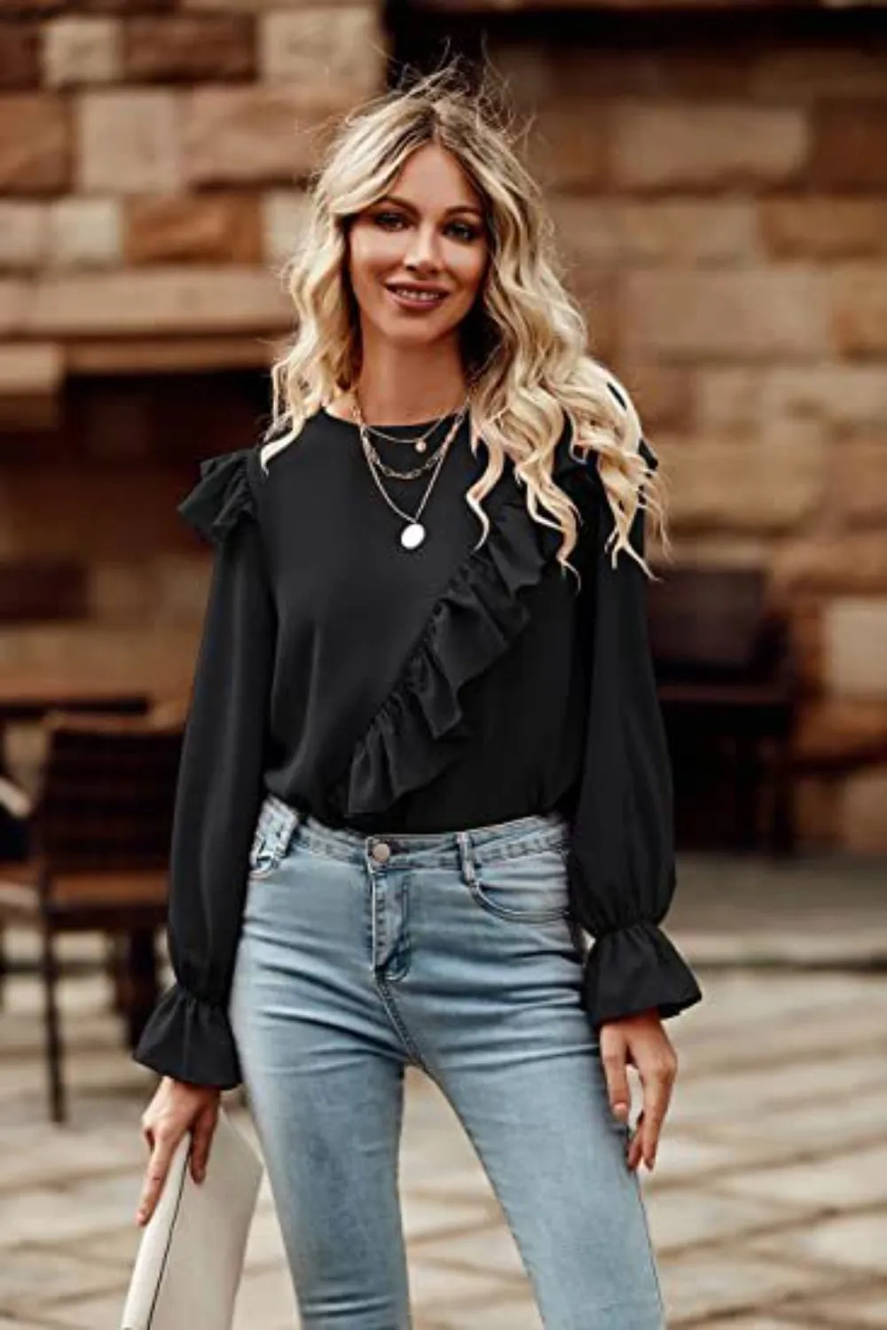 Ruffled Round Neck Long Sleeve Top (6 Colors)