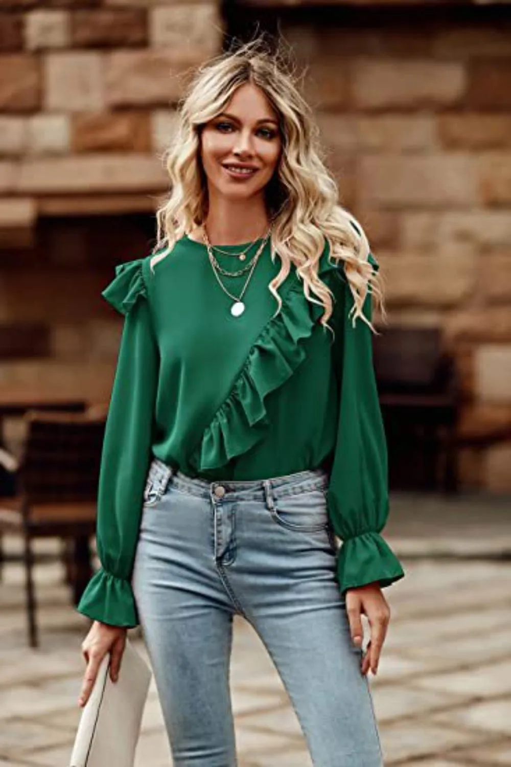 Ruffled Round Neck Long Sleeve Top (6 Colors)