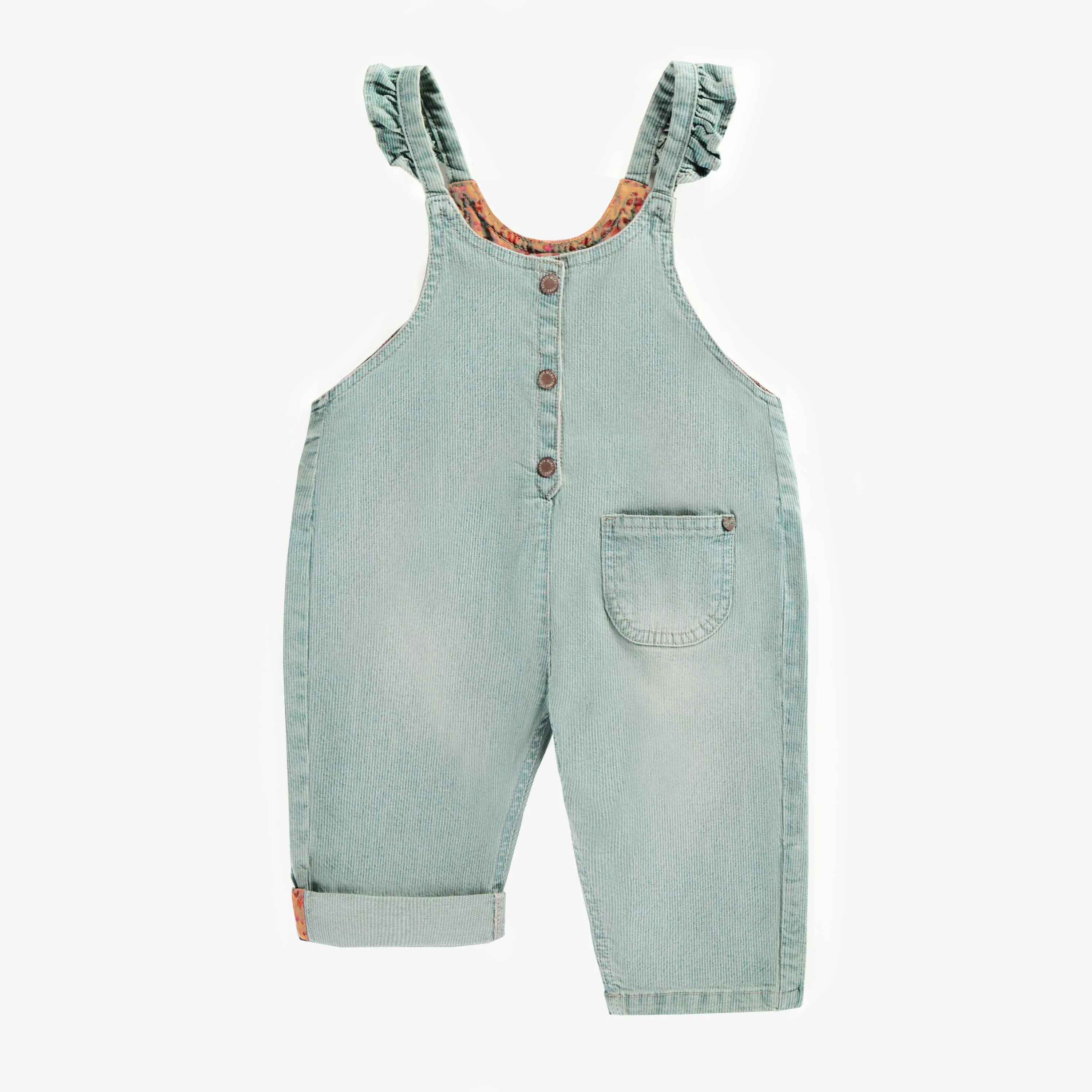 Salopette ample à volants et jambe droite en denim rayé pâle, bébé || Loose fit overalls with ruffles and straight leg in denim railroad, baby 