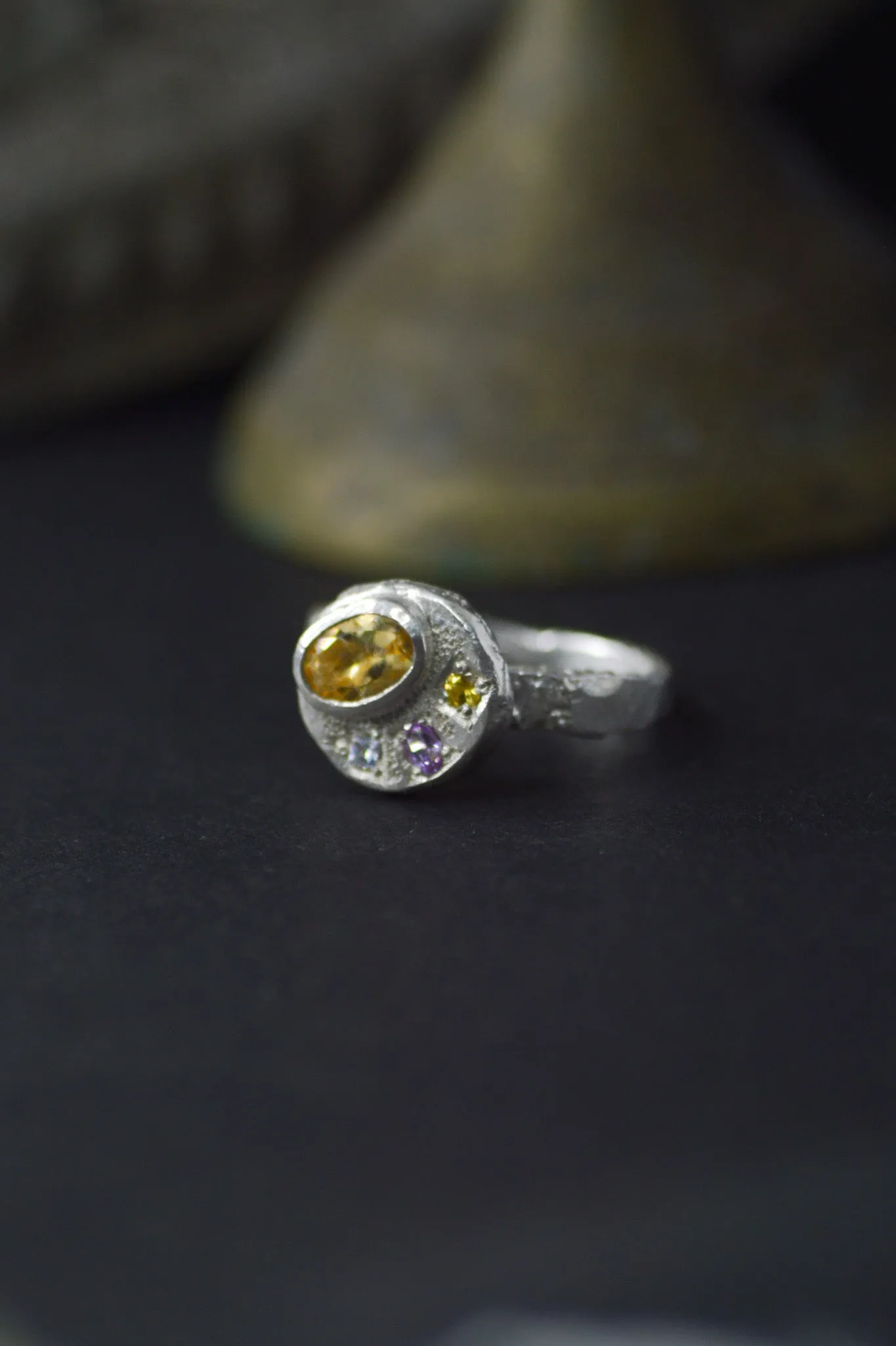 Sculpture Citrine & Sapphire Silver RIng 1218-4