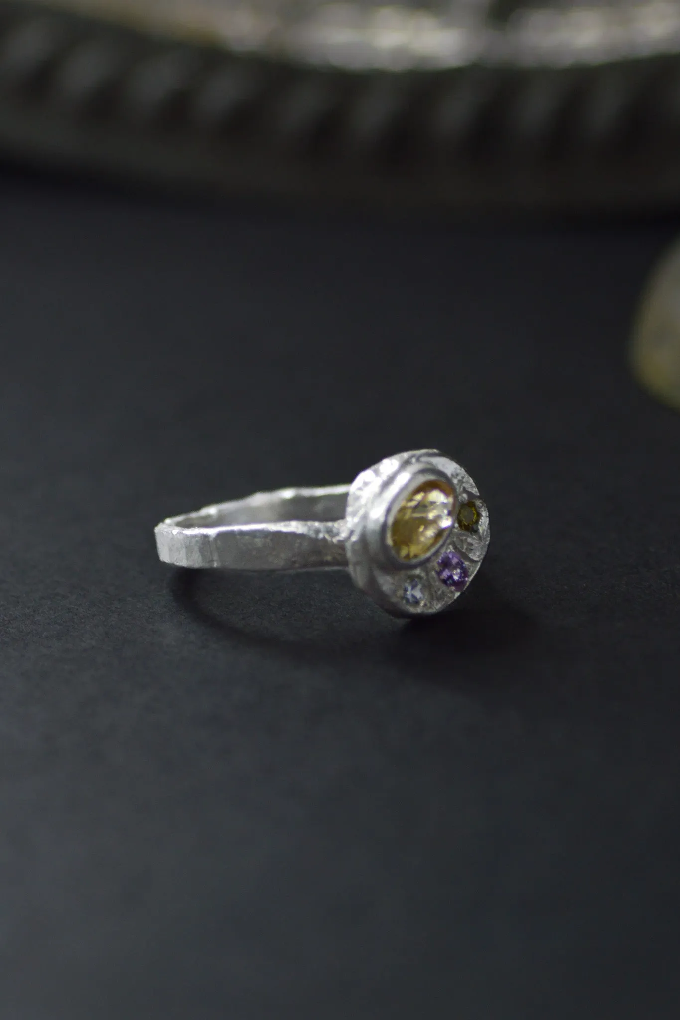 Sculpture Citrine & Sapphire Silver RIng 1218-4