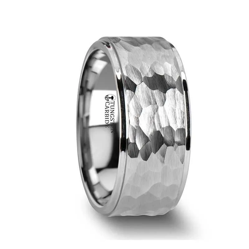 Thorsten WILSON White Tungsten Ring with Raised Hammered Finish and Polished Step Edges - 4mm - 10mm
