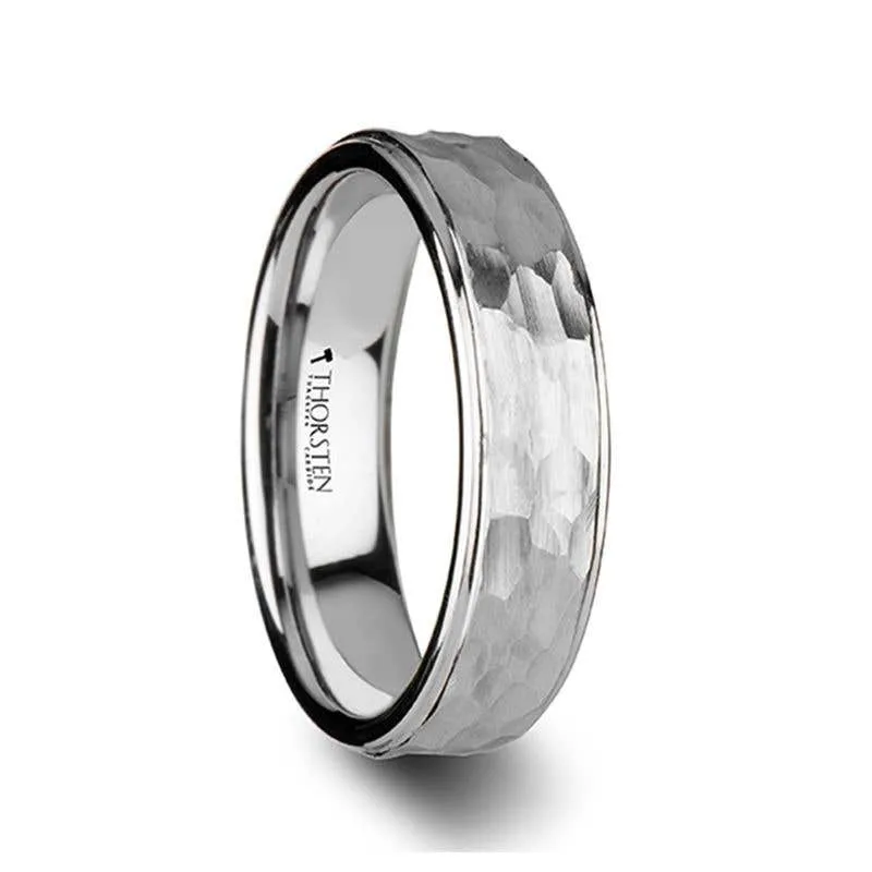 Thorsten WILSON White Tungsten Ring with Raised Hammered Finish and Polished Step Edges - 4mm - 10mm