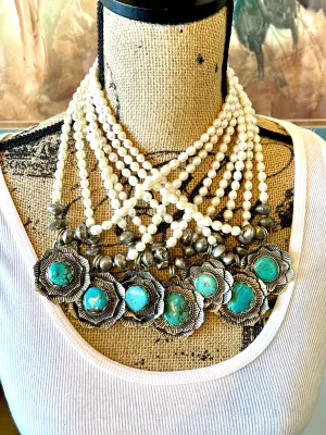 Turquoise and Pearl Blossom Necklace