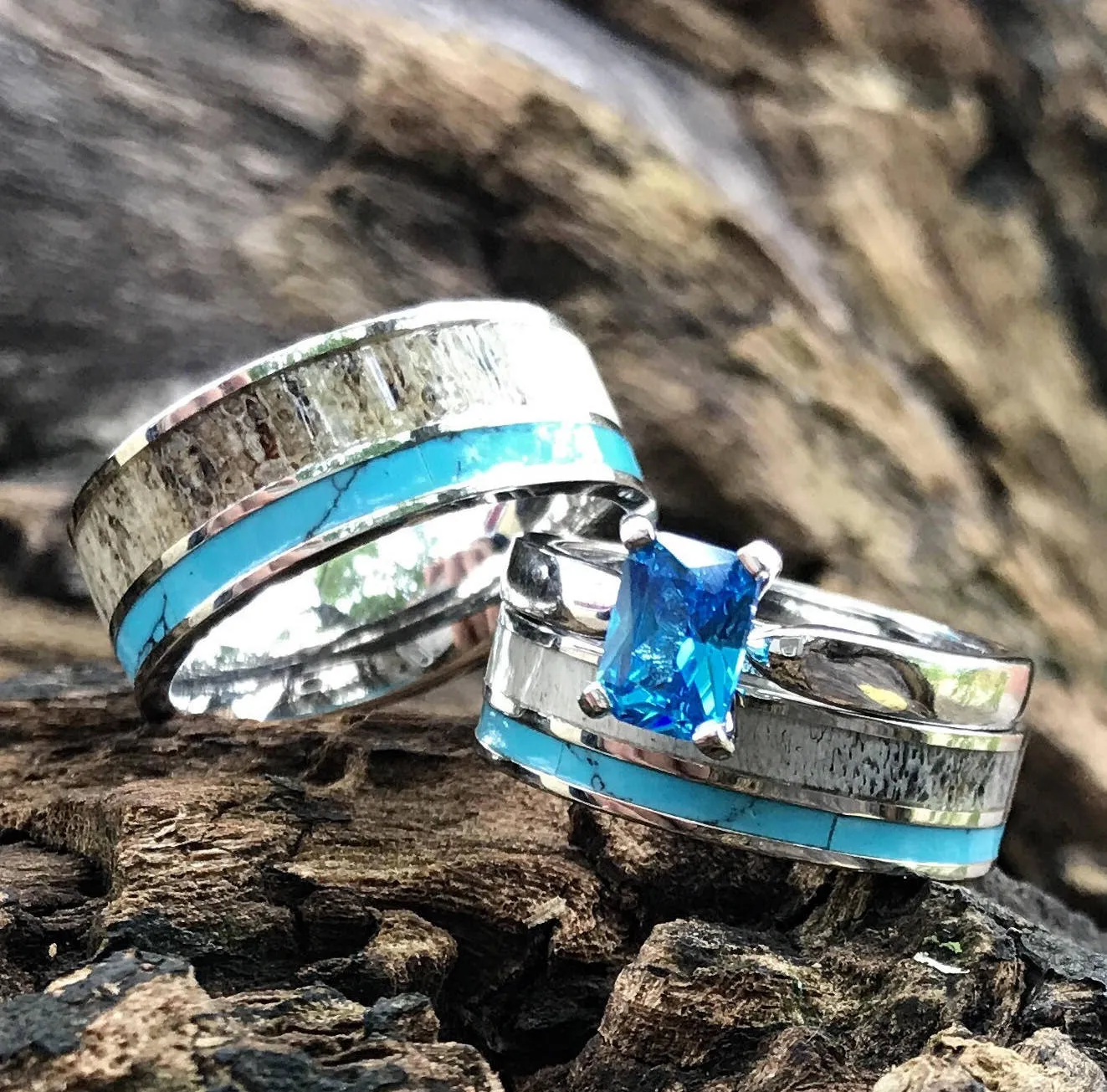Turquoise Antler Harmony - 3 PCs Engagement Ring Band Set | Deer Antler & Turquoise Ring for Women | Stainless Steel Wedding Bands