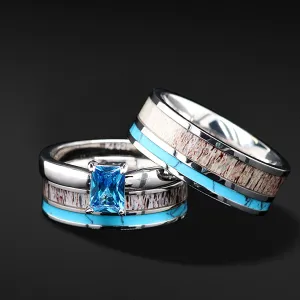 Turquoise Antler Harmony - 3 PCs Engagement Ring Band Set | Deer Antler & Turquoise Ring for Women | Stainless Steel Wedding Bands