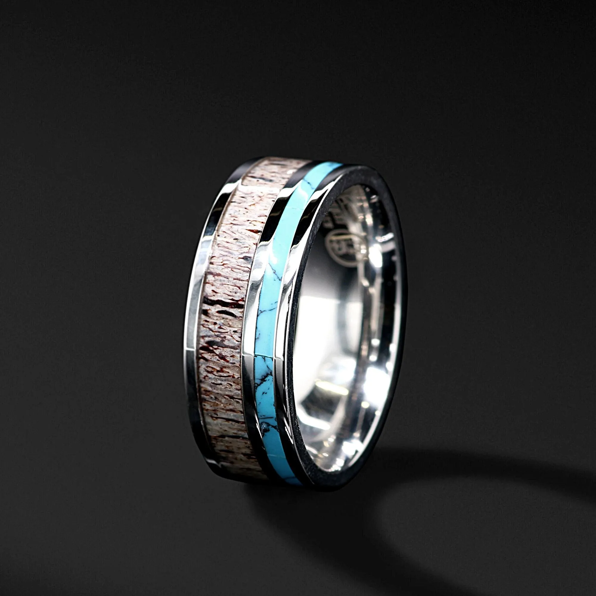 Turquoise Antler Harmony - 3 PCs Engagement Ring Band Set | Deer Antler & Turquoise Ring for Women | Stainless Steel Wedding Bands