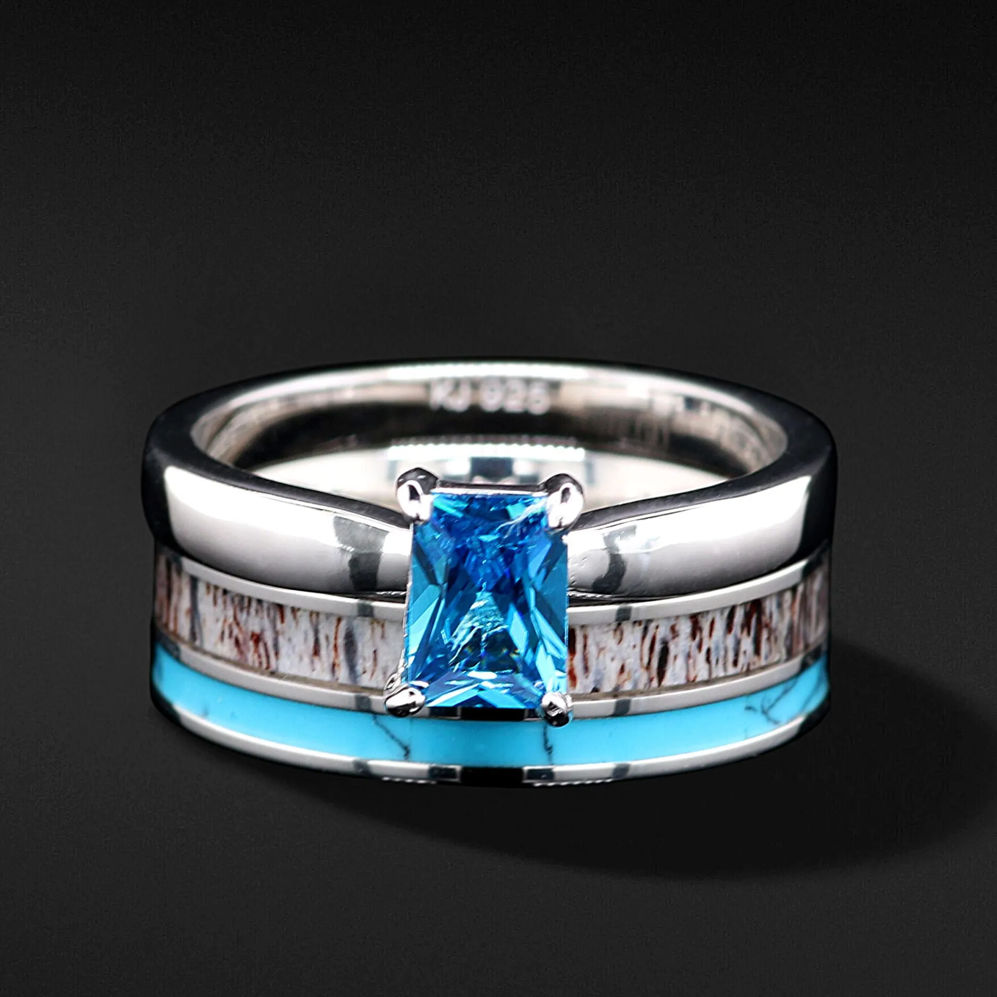 Turquoise Antler Harmony - 3 PCs Engagement Ring Band Set | Deer Antler & Turquoise Ring for Women | Stainless Steel Wedding Bands