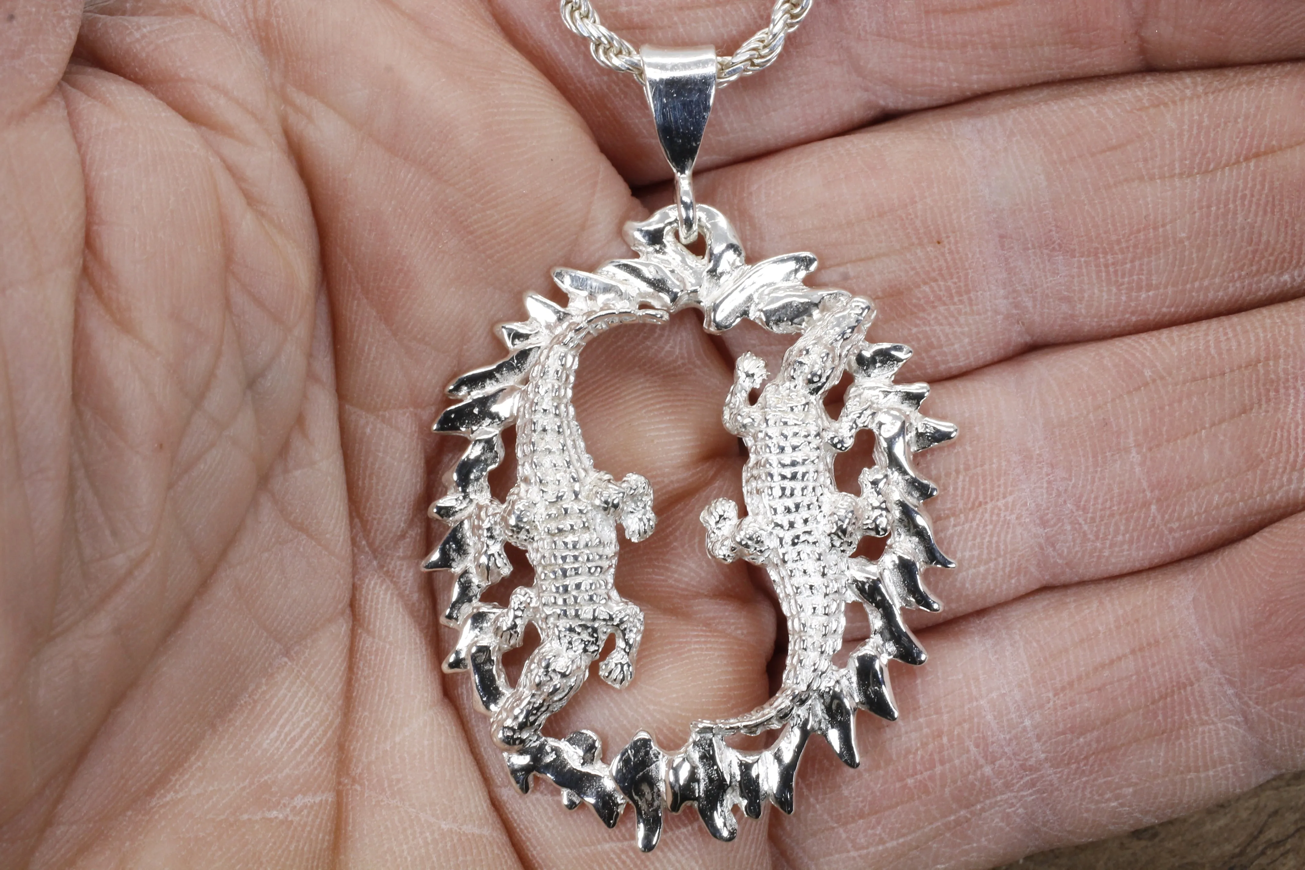 Two Alligators Necklace in 925 Sterling Silver for man or woman