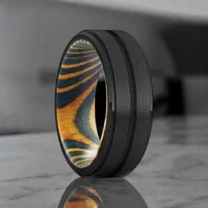 VERDURE | Green & Yellow Wood, Black Tungsten Ring, Grooved, Stepped Edge