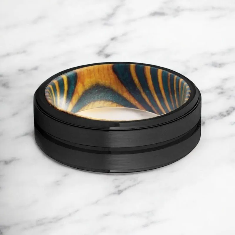 VERDURE | Green & Yellow Wood, Black Tungsten Ring, Grooved, Stepped Edge