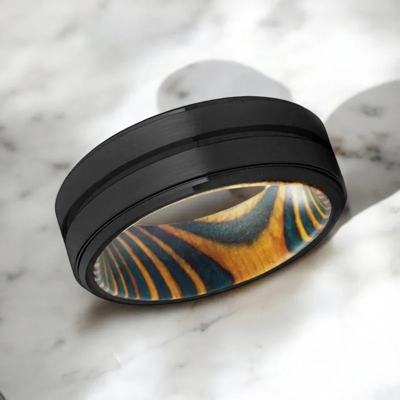 VERDURE | Green & Yellow Wood, Black Tungsten Ring, Grooved, Stepped Edge