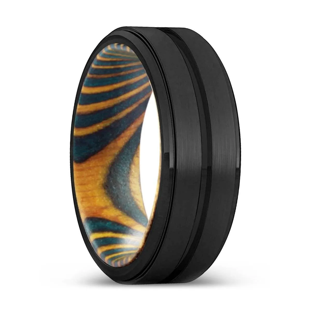 VERDURE | Green & Yellow Wood, Black Tungsten Ring, Grooved, Stepped Edge