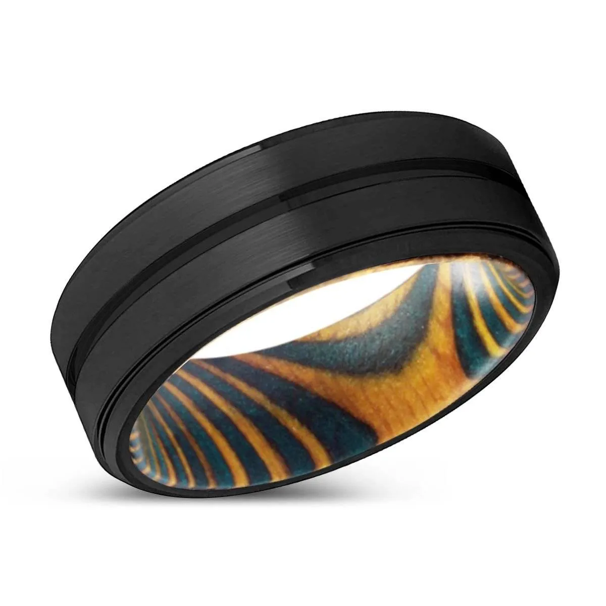 VERDURE | Green & Yellow Wood, Black Tungsten Ring, Grooved, Stepped Edge