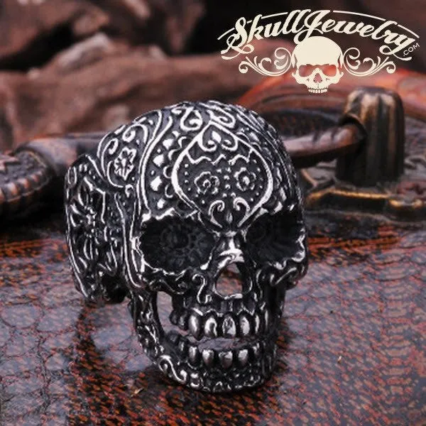 Vintage Black Eyes Flower Skull Ring Stainless Steel (#032)