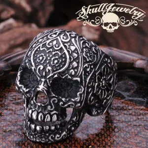 Vintage Black Eyes Flower Skull Ring Stainless Steel (#032)