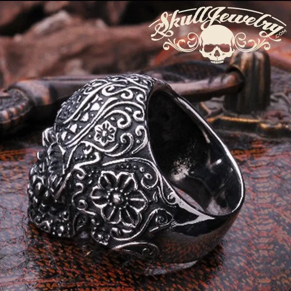 Vintage Black Eyes Flower Skull Ring Stainless Steel (#032)