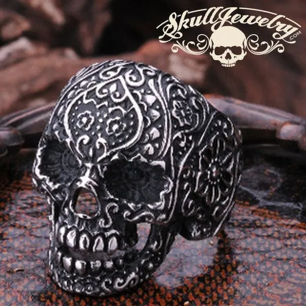 Vintage Black Eyes Flower Skull Ring Stainless Steel (#032)