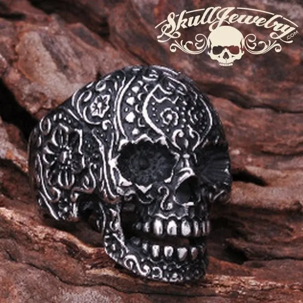 Vintage Black Eyes Flower Skull Ring Stainless Steel (#032)