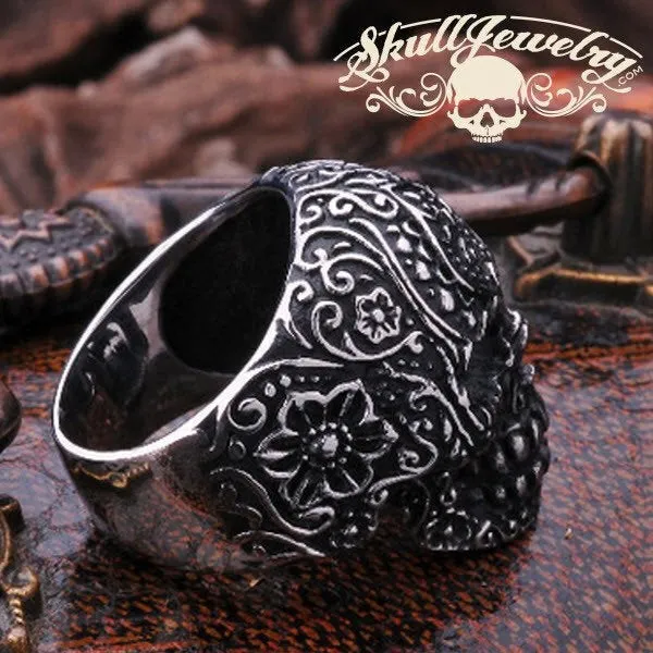 Vintage Black Eyes Flower Skull Ring Stainless Steel (#032)