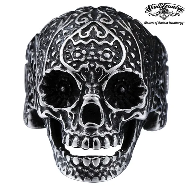 Vintage Black Eyes Flower Skull Ring Stainless Steel (#032)