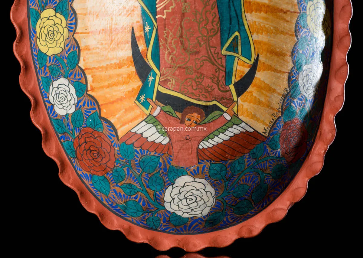 Virgin of Guadalupe Burnished Clay Medallion for Wall Hanging
