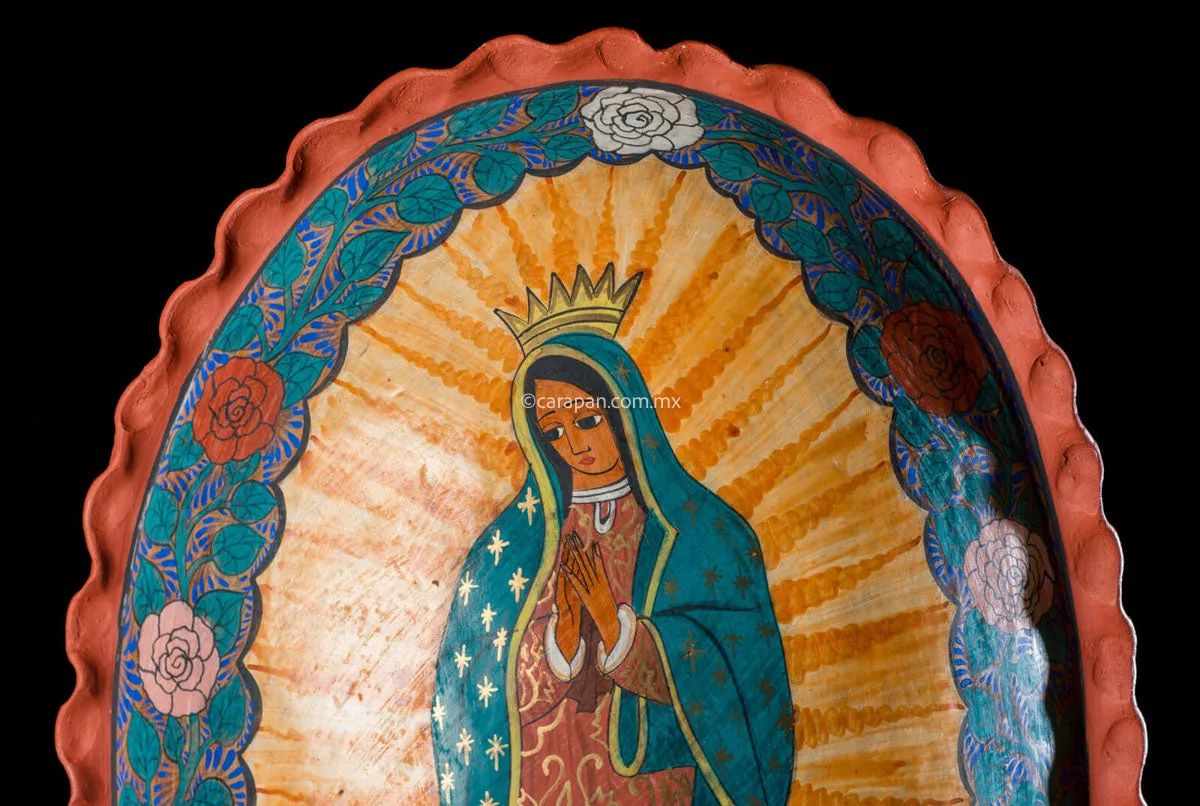 Virgin of Guadalupe Burnished Clay Medallion for Wall Hanging