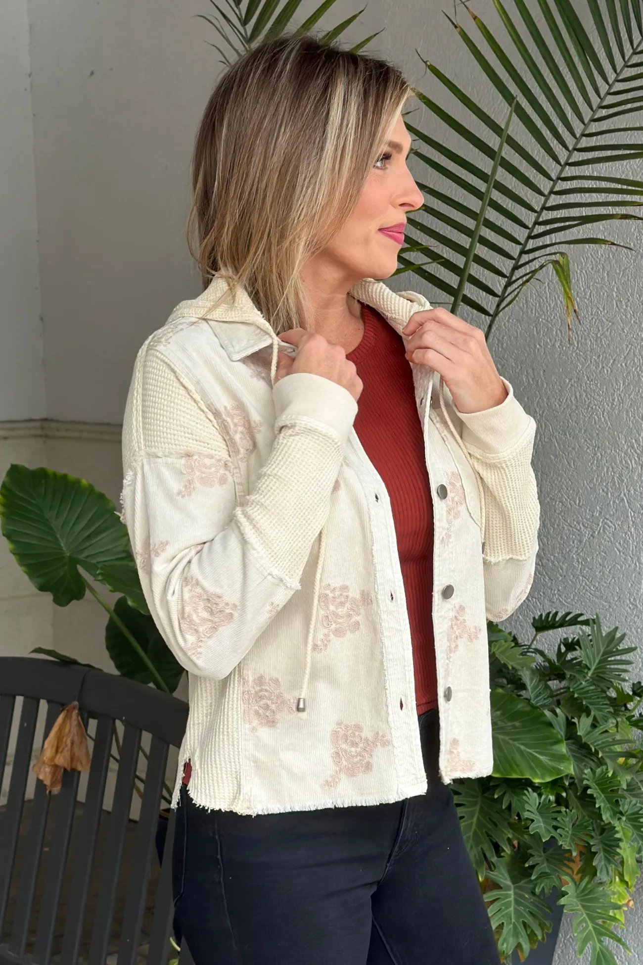 Washed Almond Flower Embroidery Hoodie Jacket