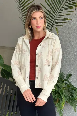 Washed Almond Flower Embroidery Hoodie Jacket