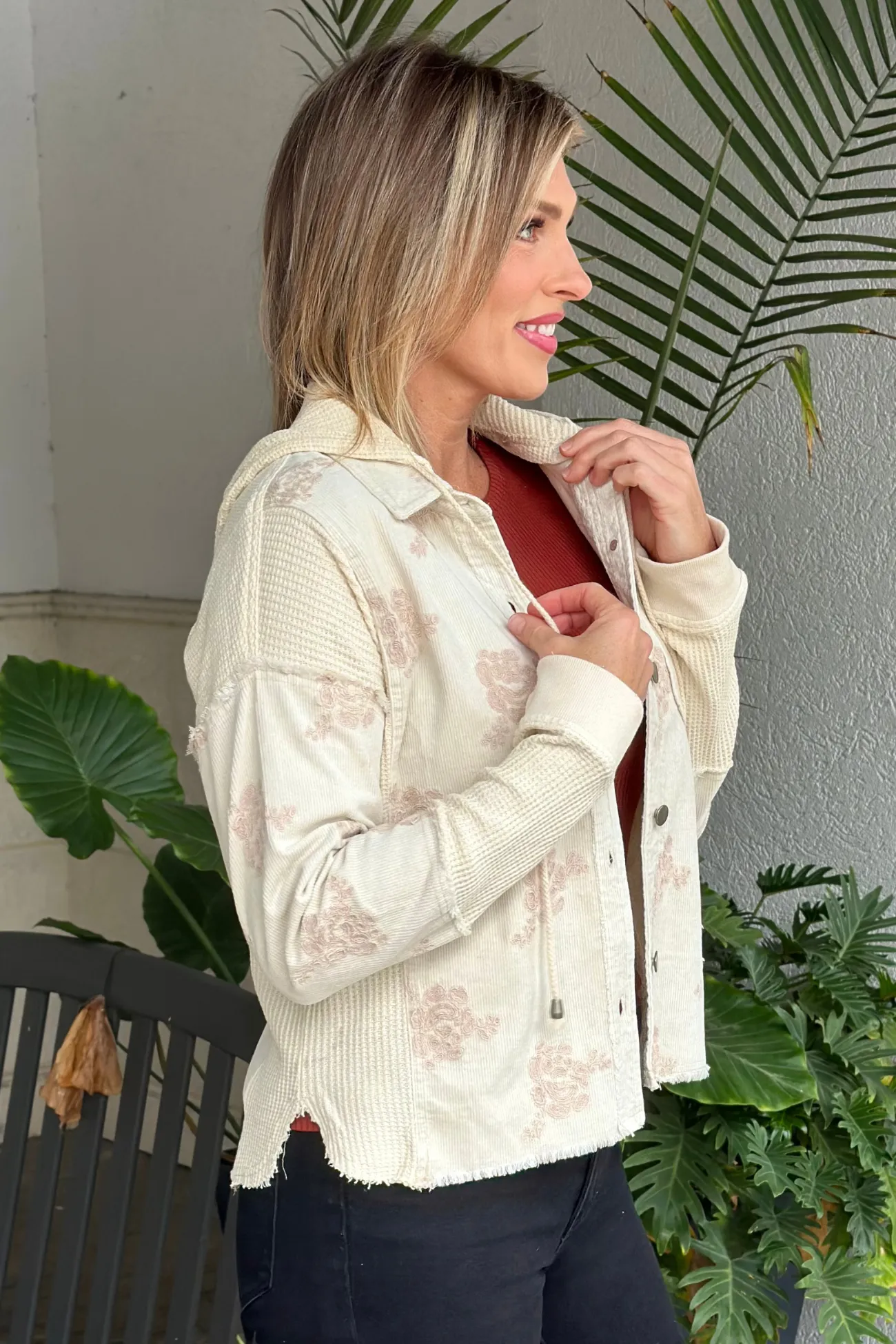 Washed Almond Flower Embroidery Hoodie Jacket
