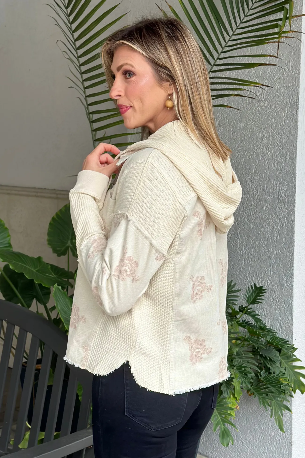 Washed Almond Flower Embroidery Hoodie Jacket