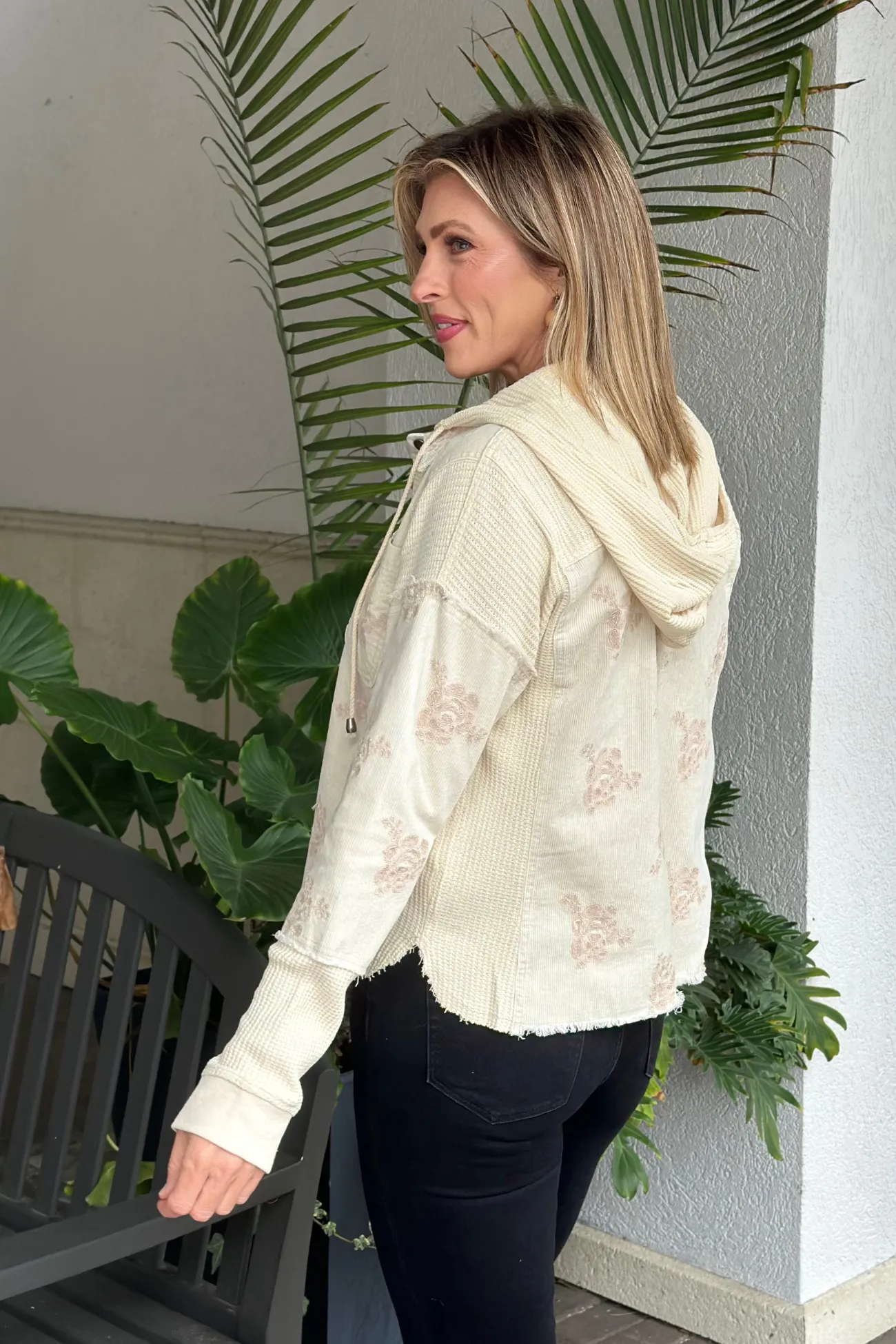 Washed Almond Flower Embroidery Hoodie Jacket
