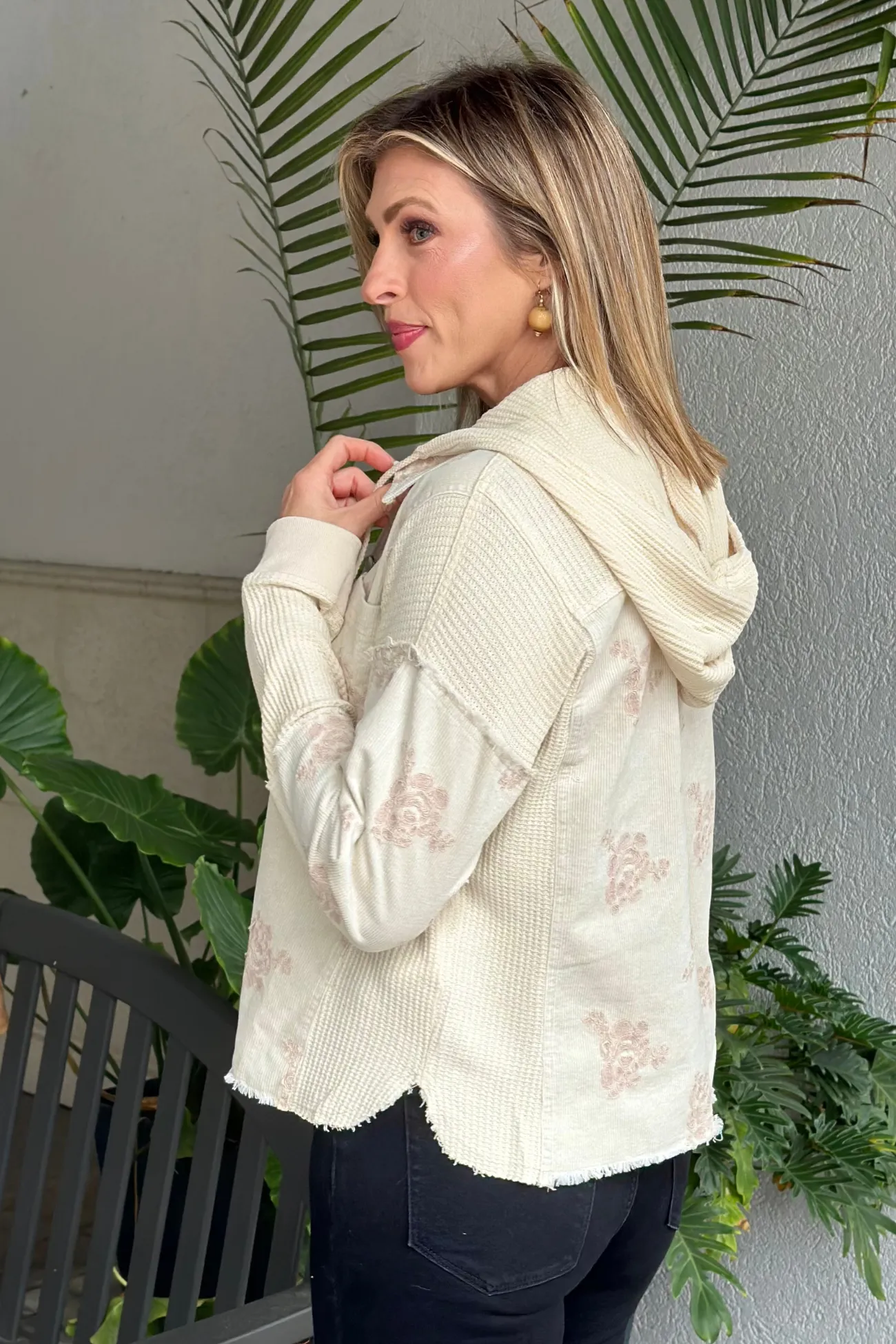 Washed Almond Flower Embroidery Hoodie Jacket