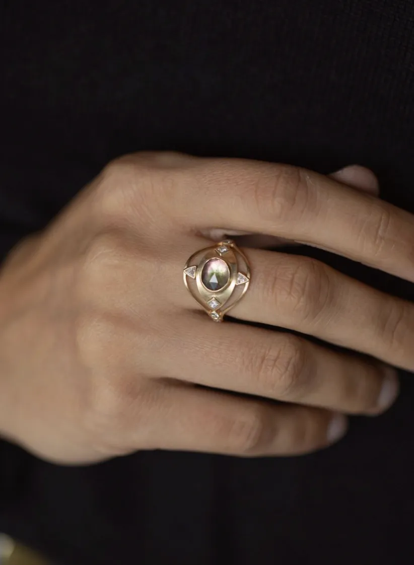 WATERMELON TOURMALINE & SQUARE DIAMONDS EYE RING