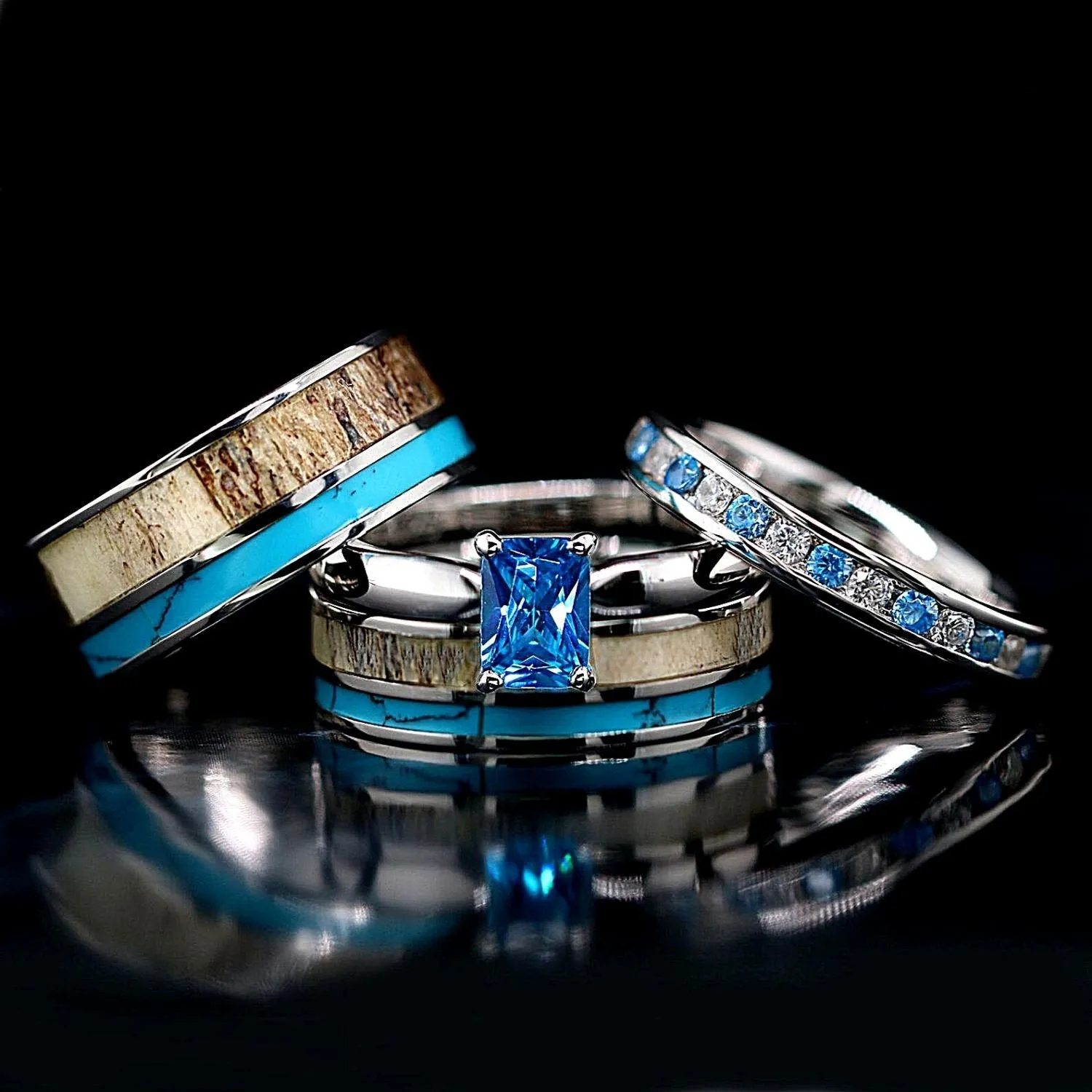 Wild Azure - Antler Rings Set of 4 | His & Her Wedding Ring Set Turquoise & Deer Antler
