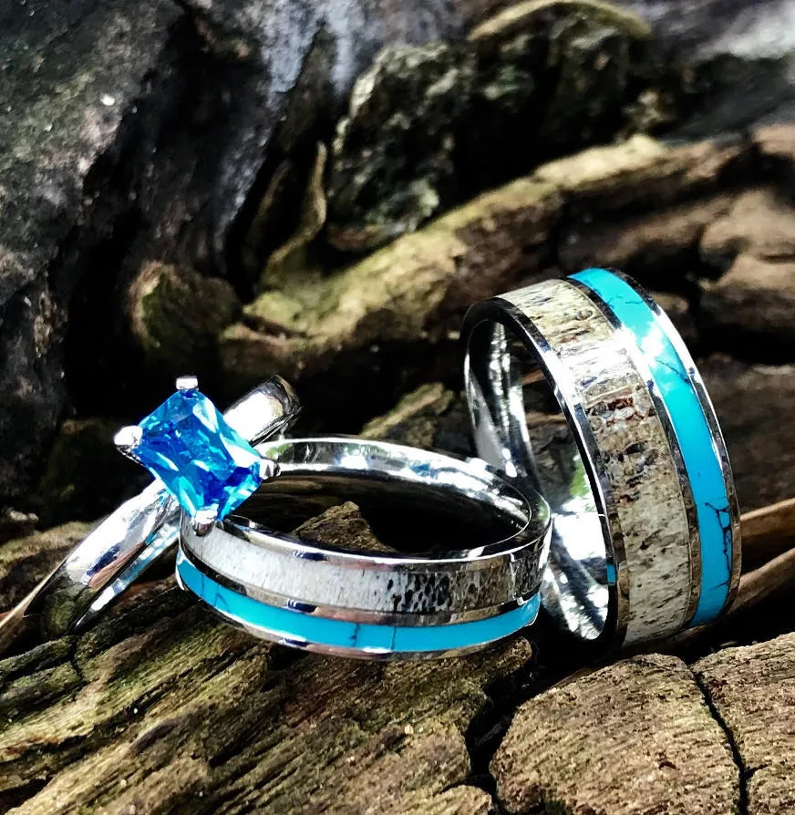 Wild Azure - Antler Rings Set of 4 | His & Her Wedding Ring Set Turquoise & Deer Antler