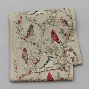 Winter Birds Embroidered Linen Table Runner
