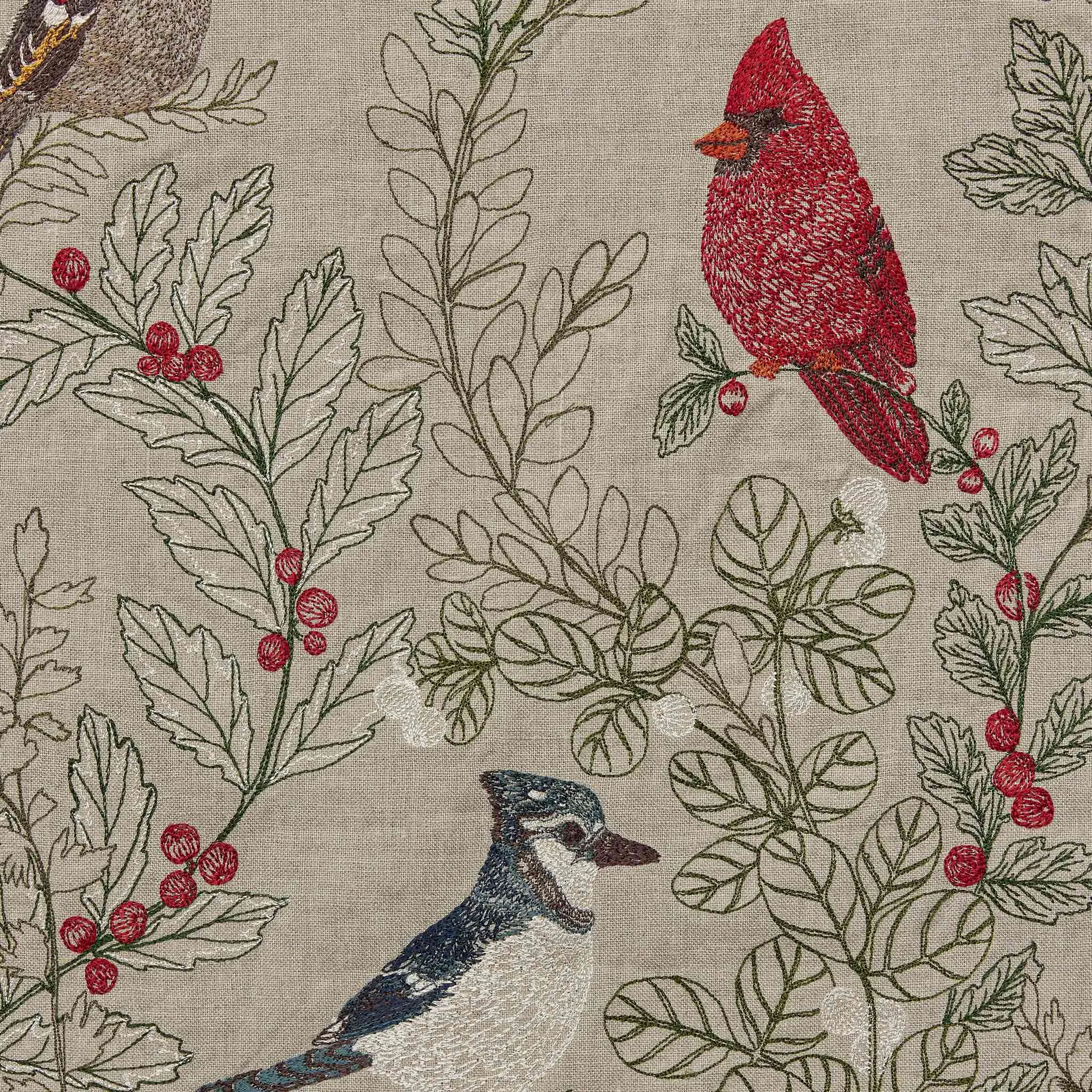 Winter Birds Embroidered Linen Table Runner